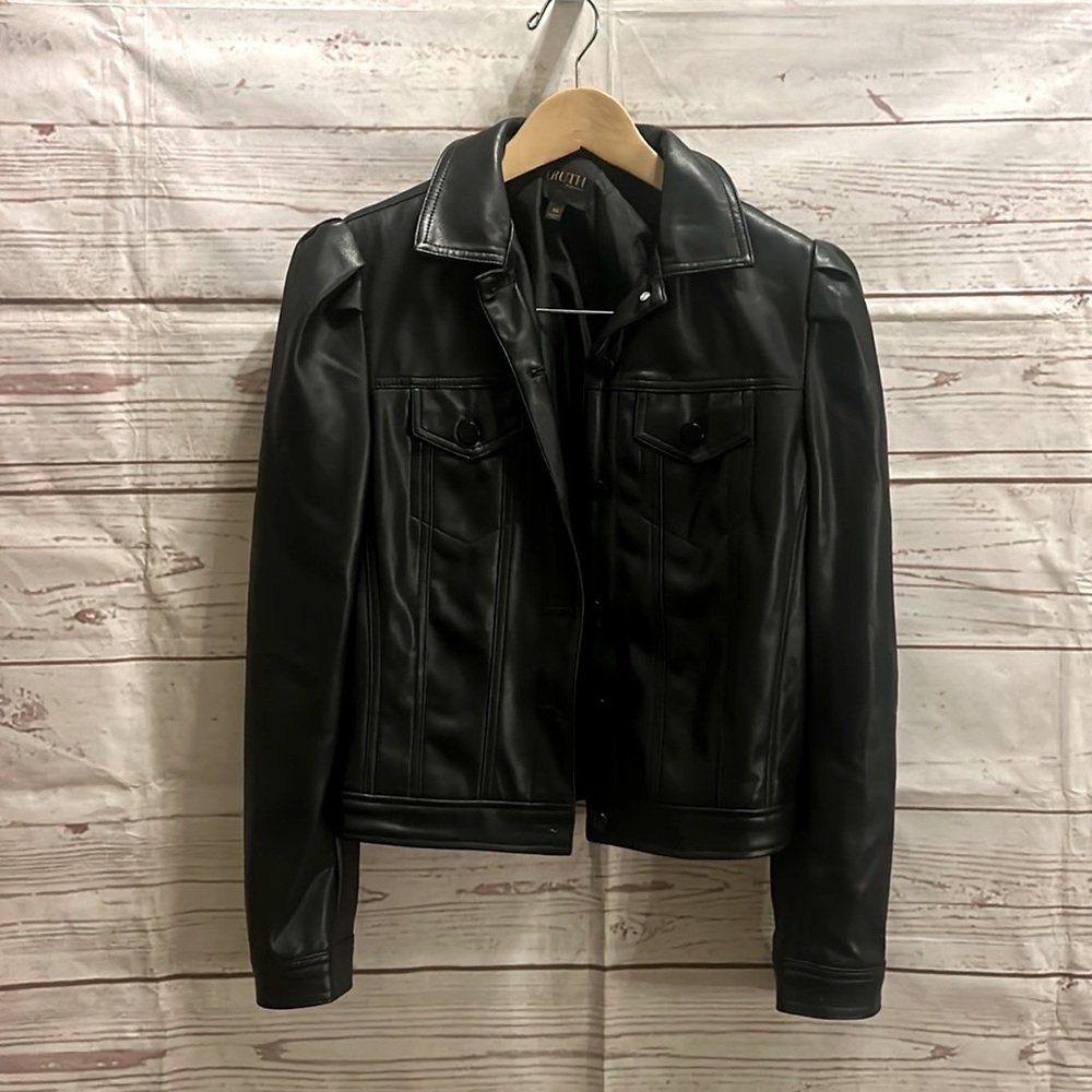 Faux Leather Jacket with Puff Sleeves